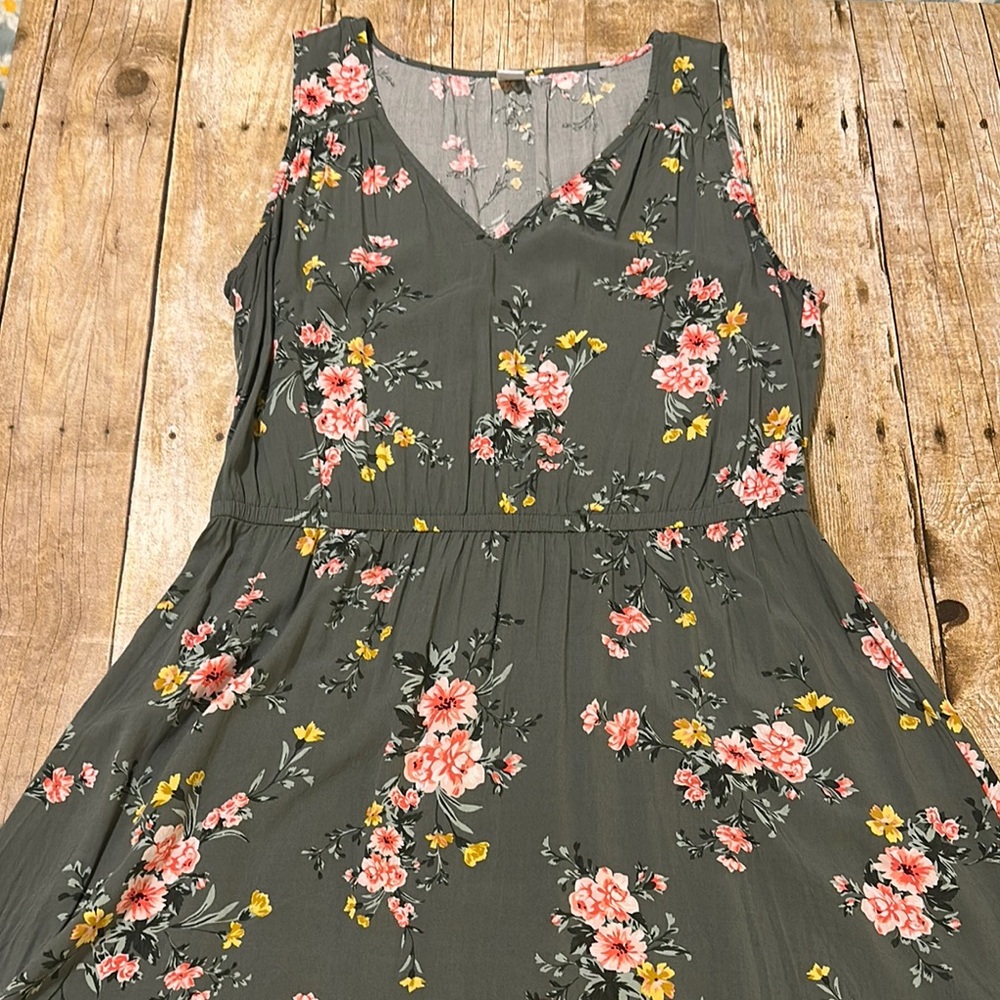 Old Navy Olive Green Floral Midi Dress with Pink & Yellow Flowers